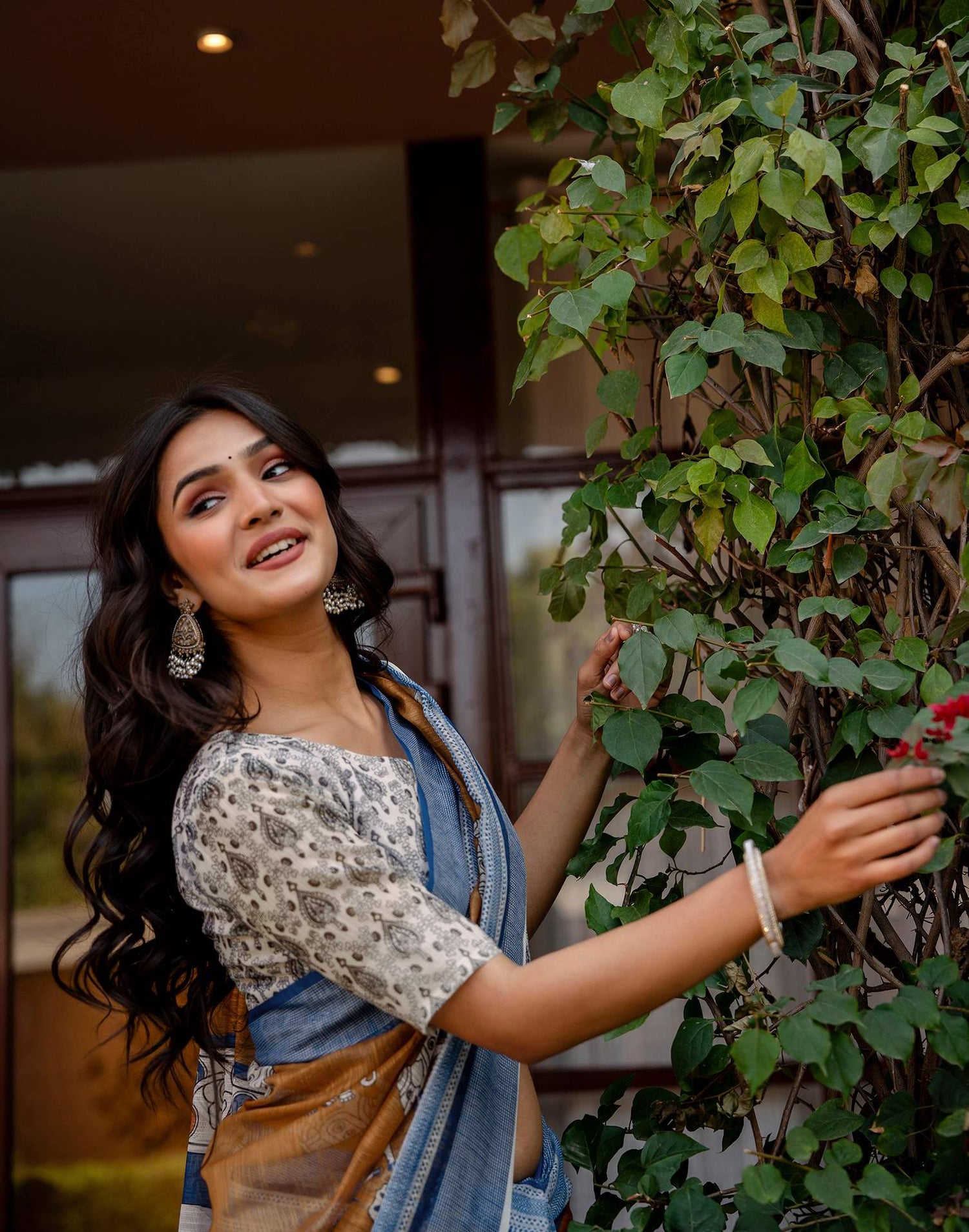 Brown Linen Kalamkari Printed Saree