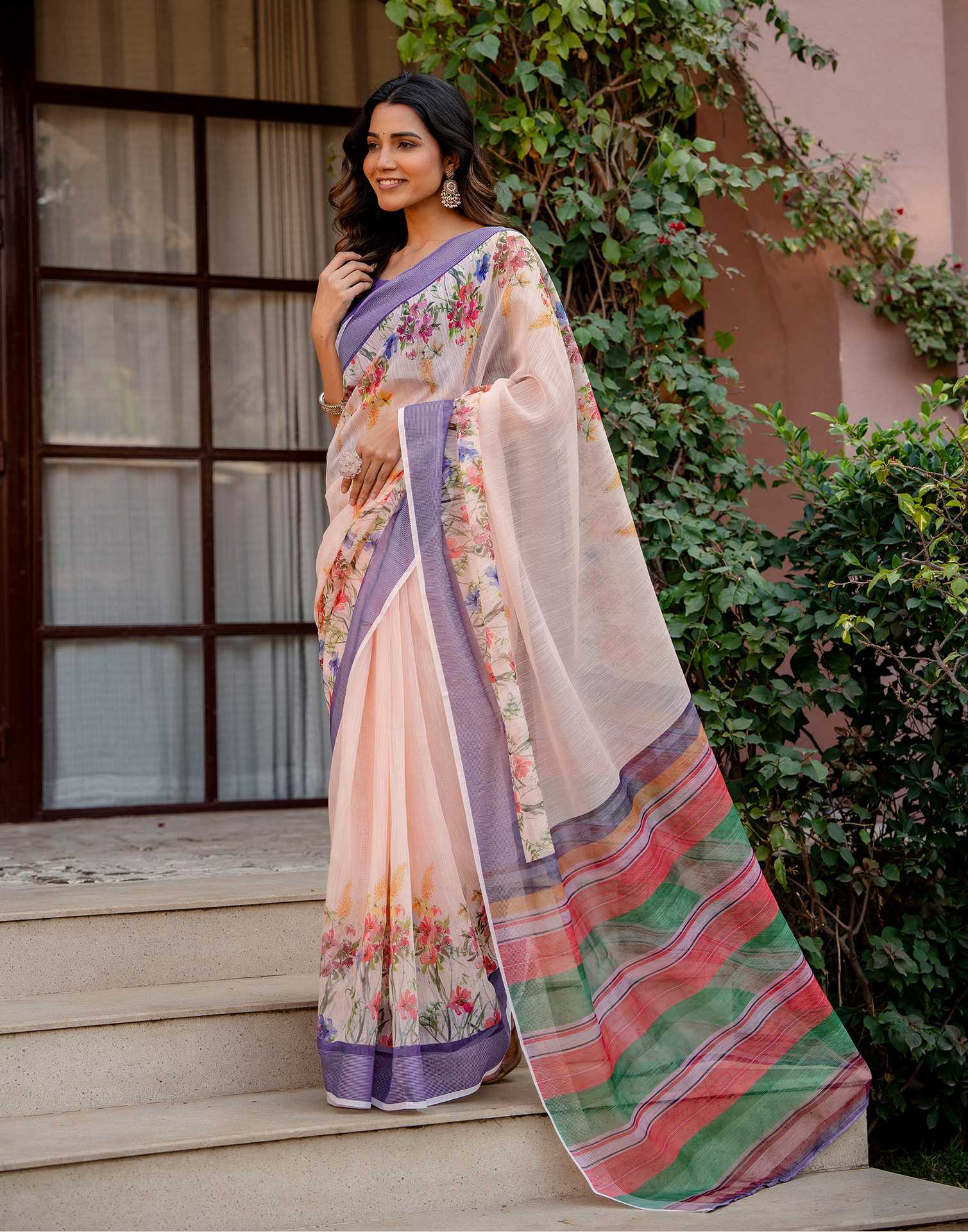 Peach Linen Printed Saree