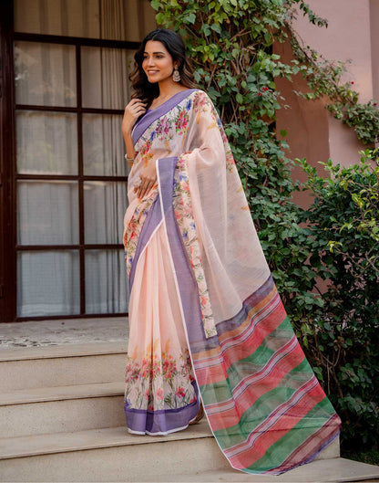 Peach Linen Printed Saree