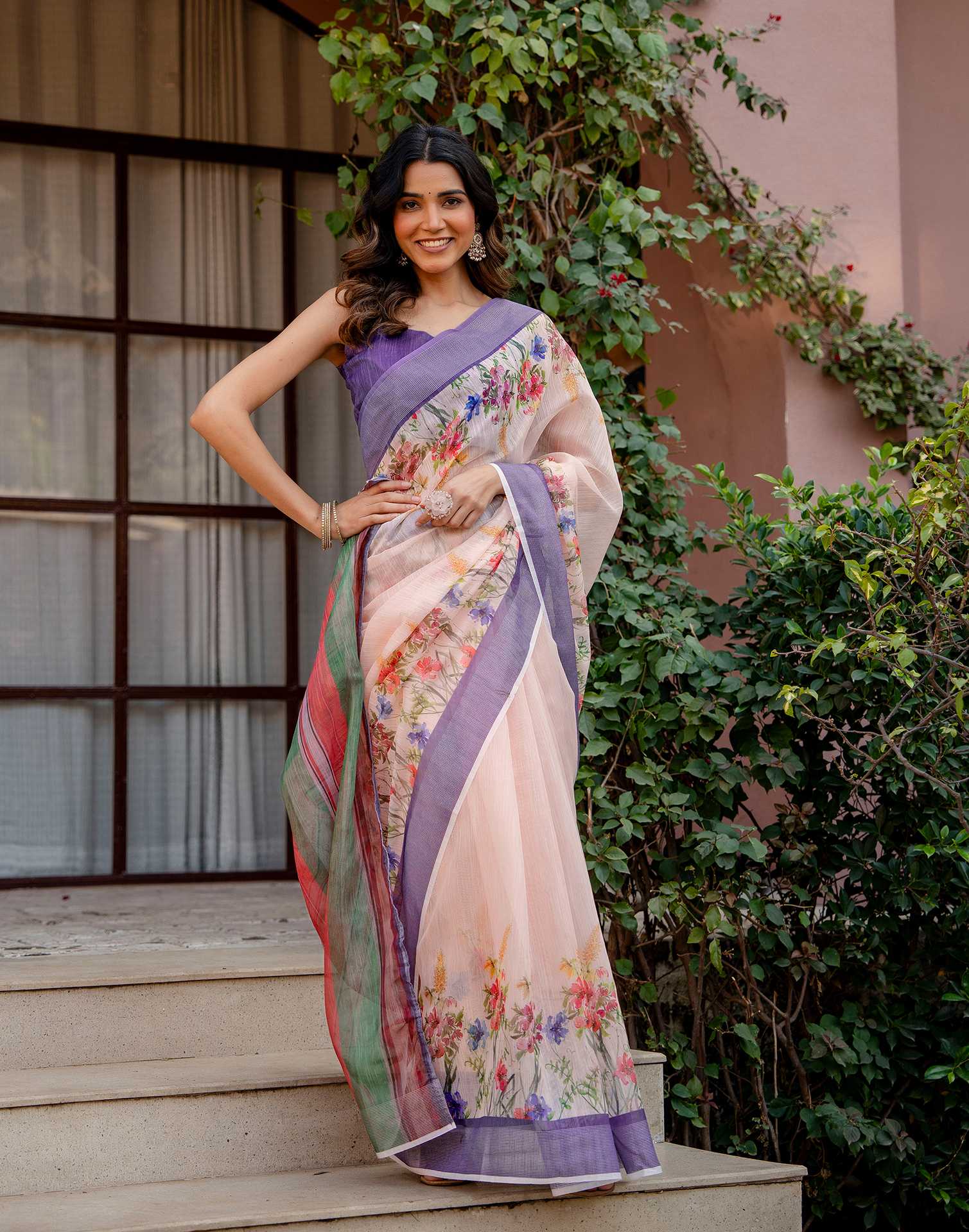 Peach Linen Printed Saree