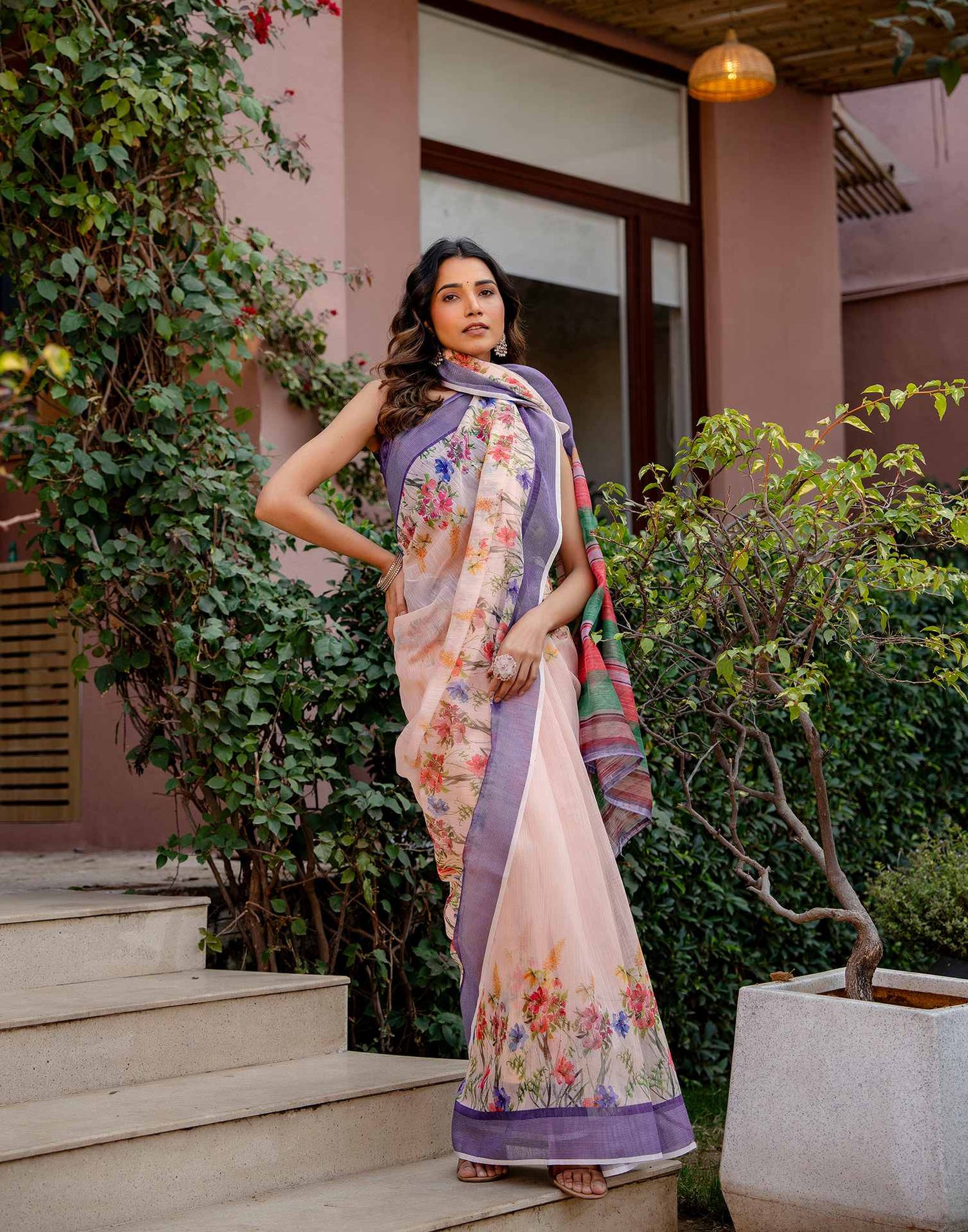 Peach Linen Printed Saree