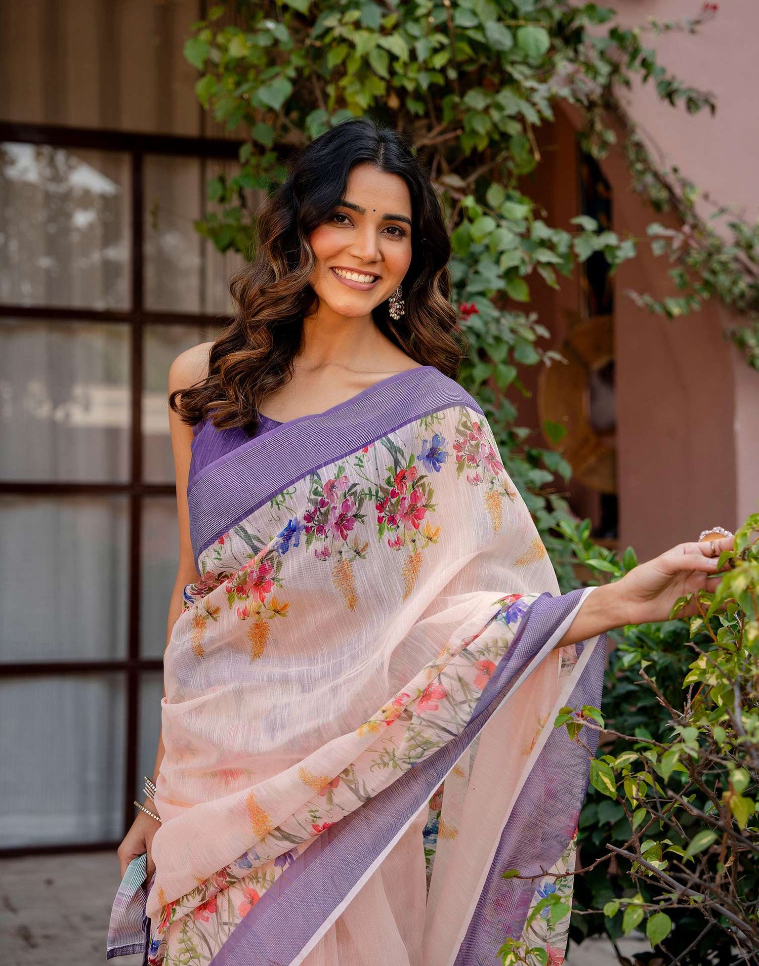 Peach Linen Printed Saree