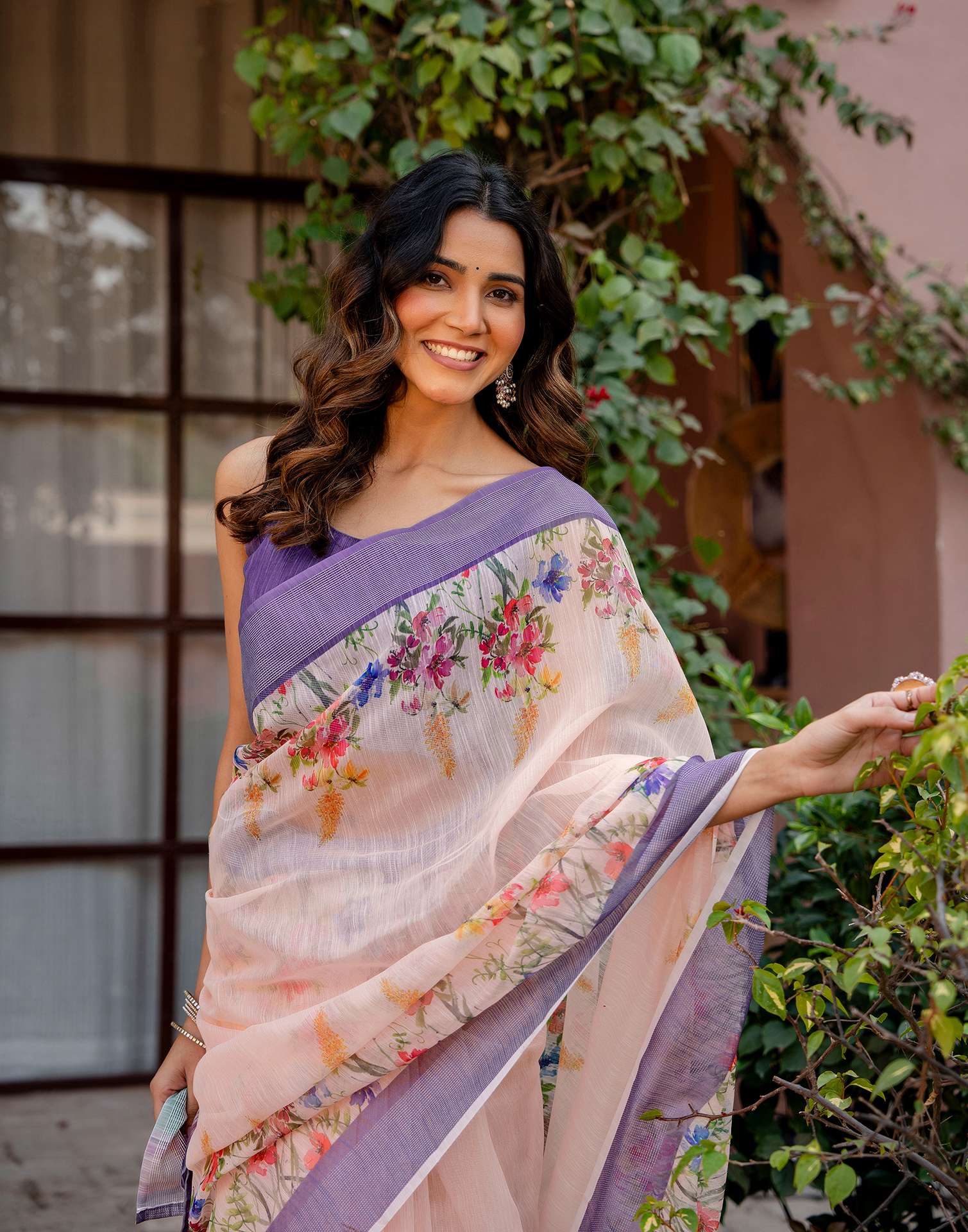 Peach Linen Printed Saree