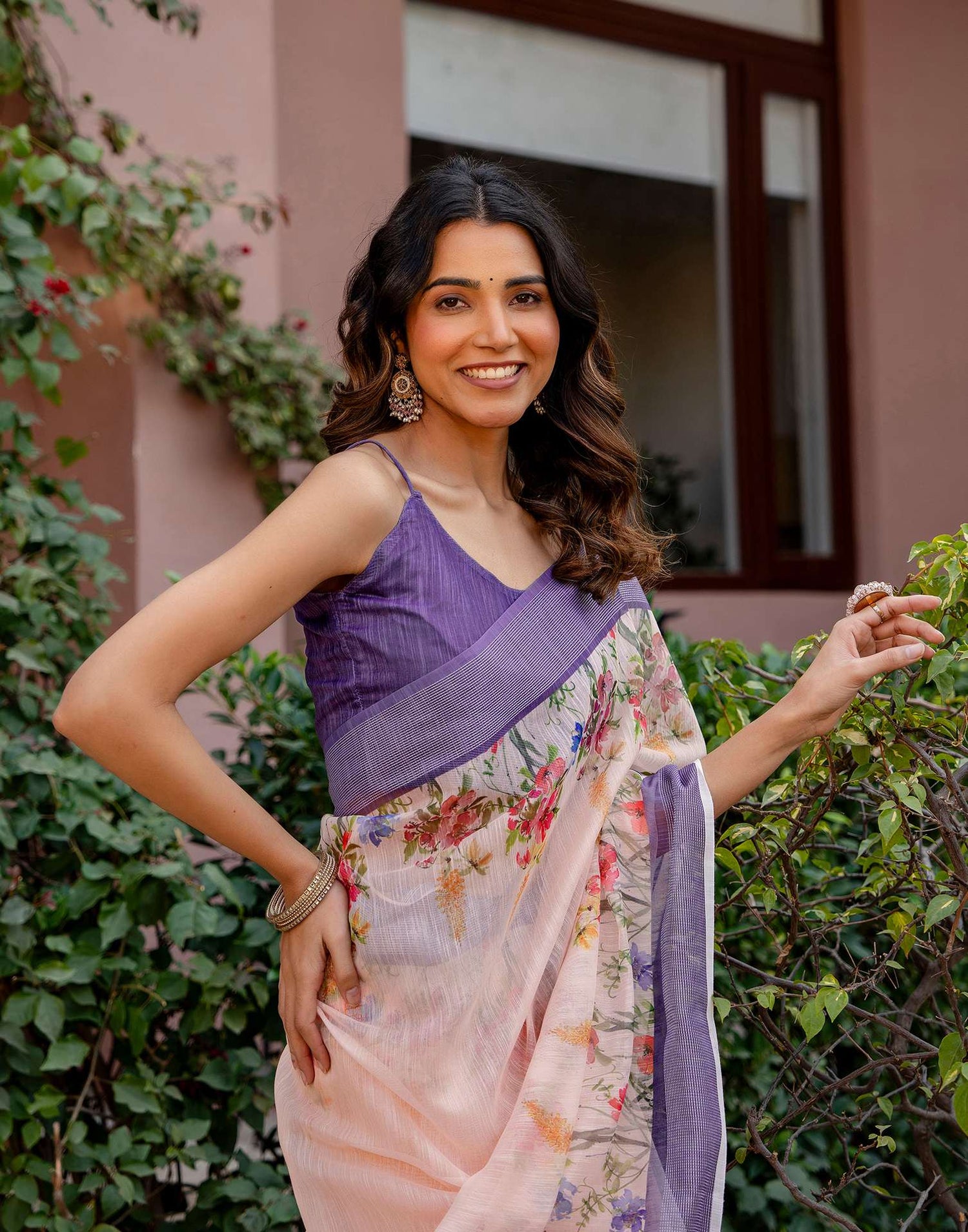 Peach Linen Printed Saree