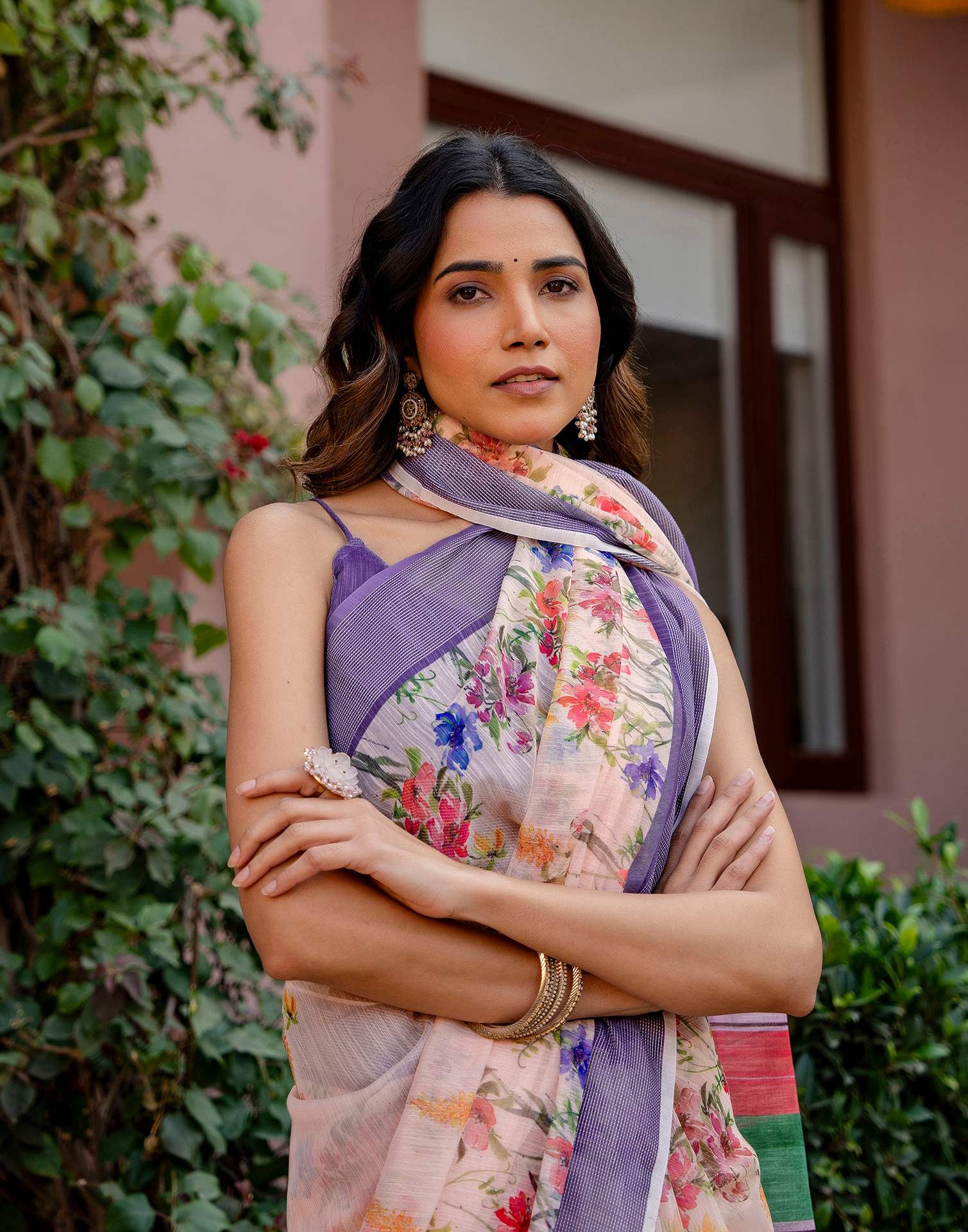 Peach Linen Printed Saree