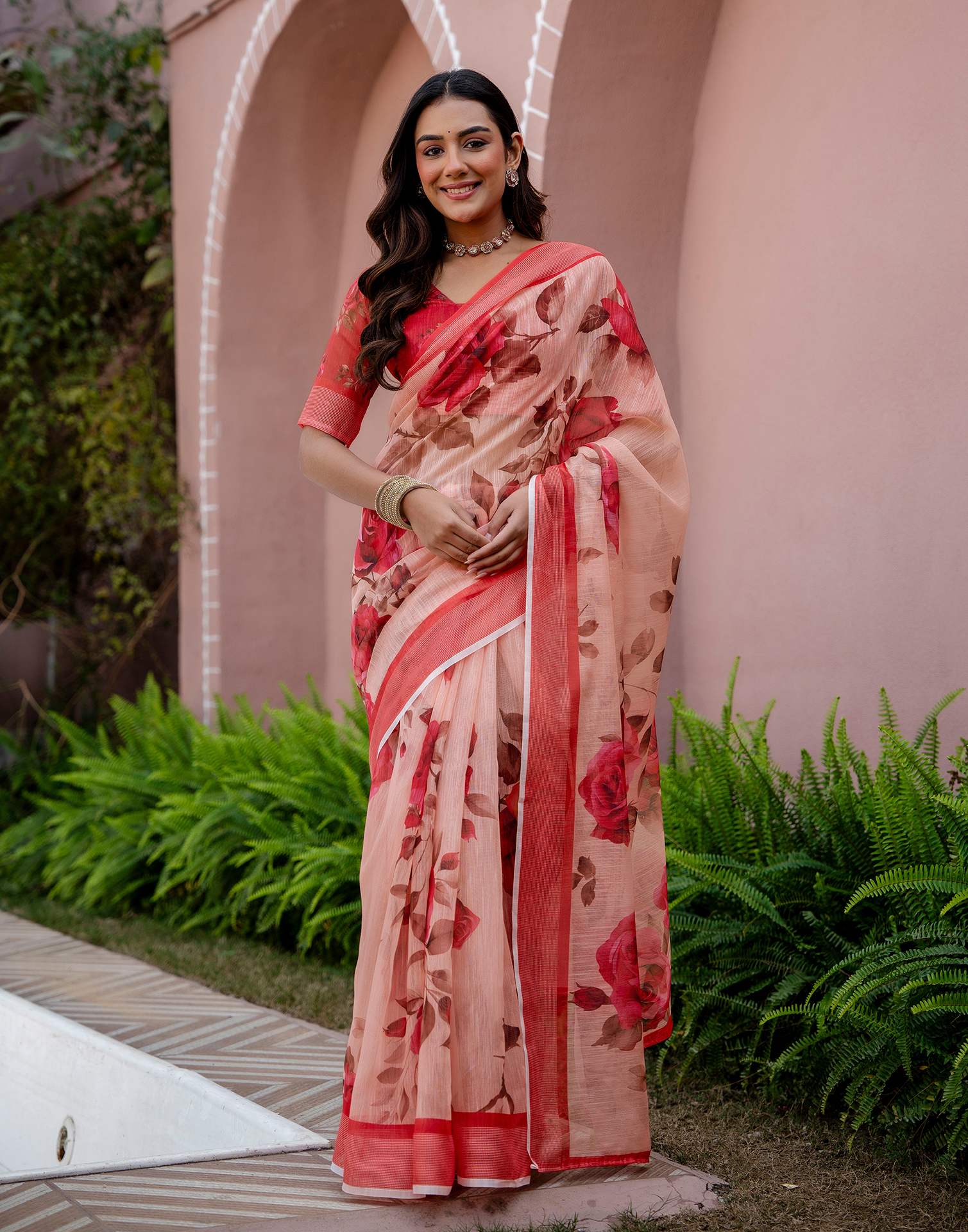 Dark Peach Linen Floral Printed Saree