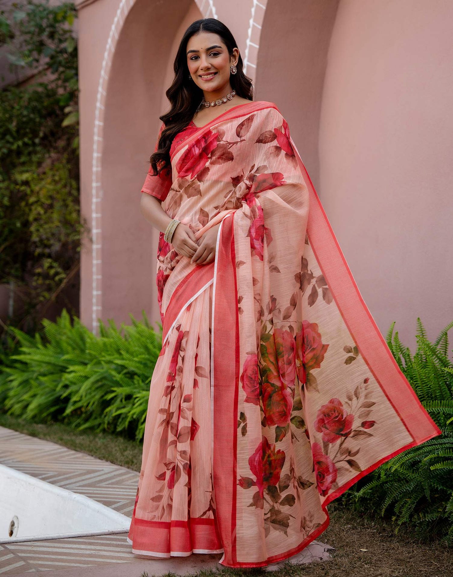 Dark Peach Linen Floral Printed Saree