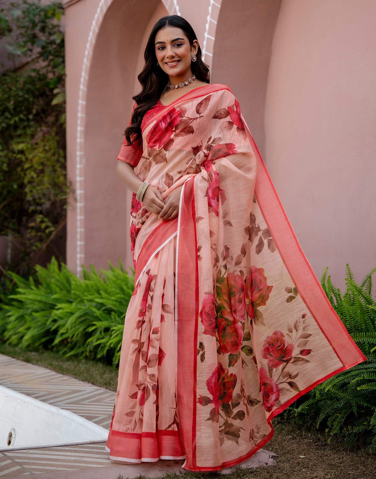 Dark Peach Linen Floral Printed Saree