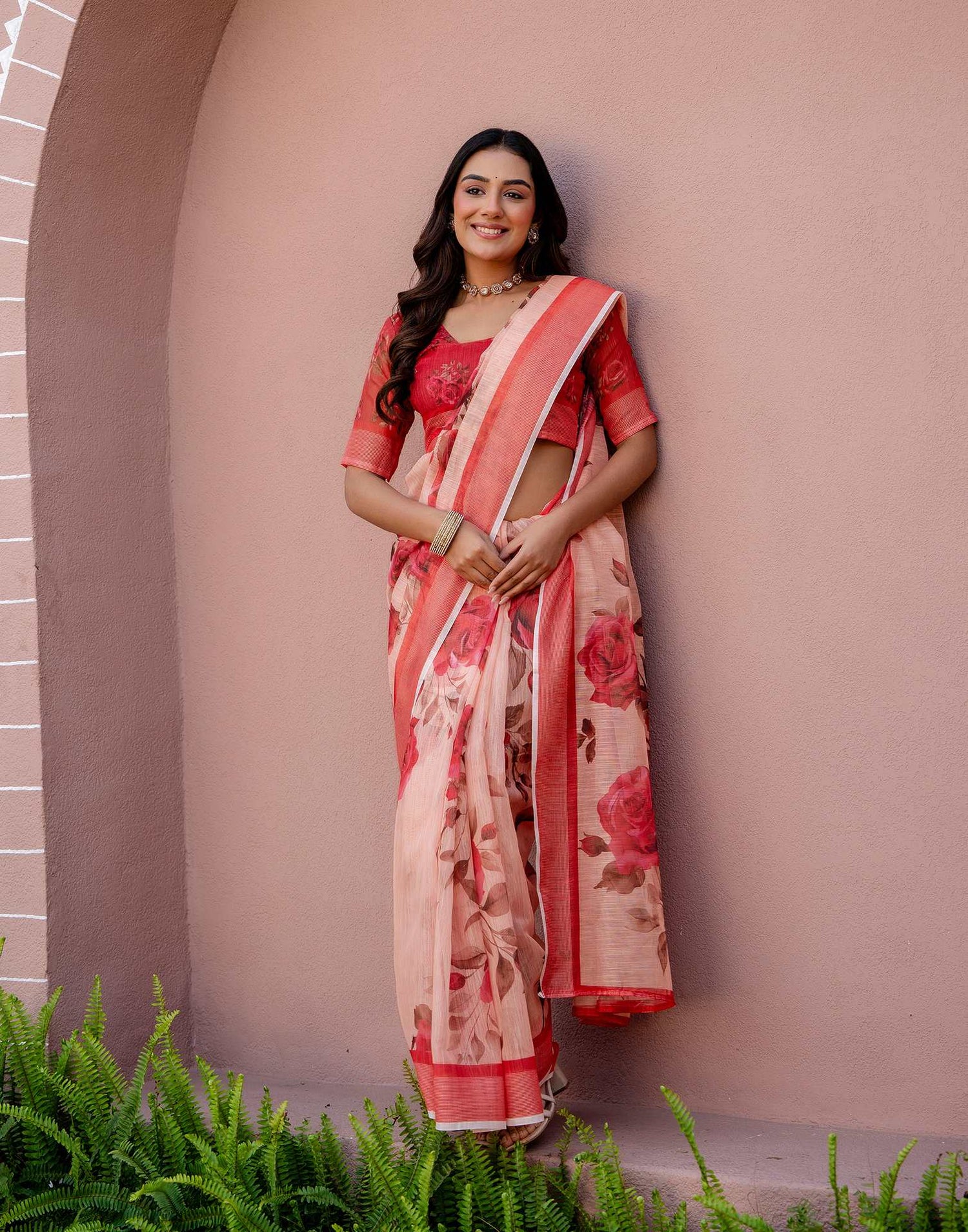 Dark Peach Linen Floral Printed Saree