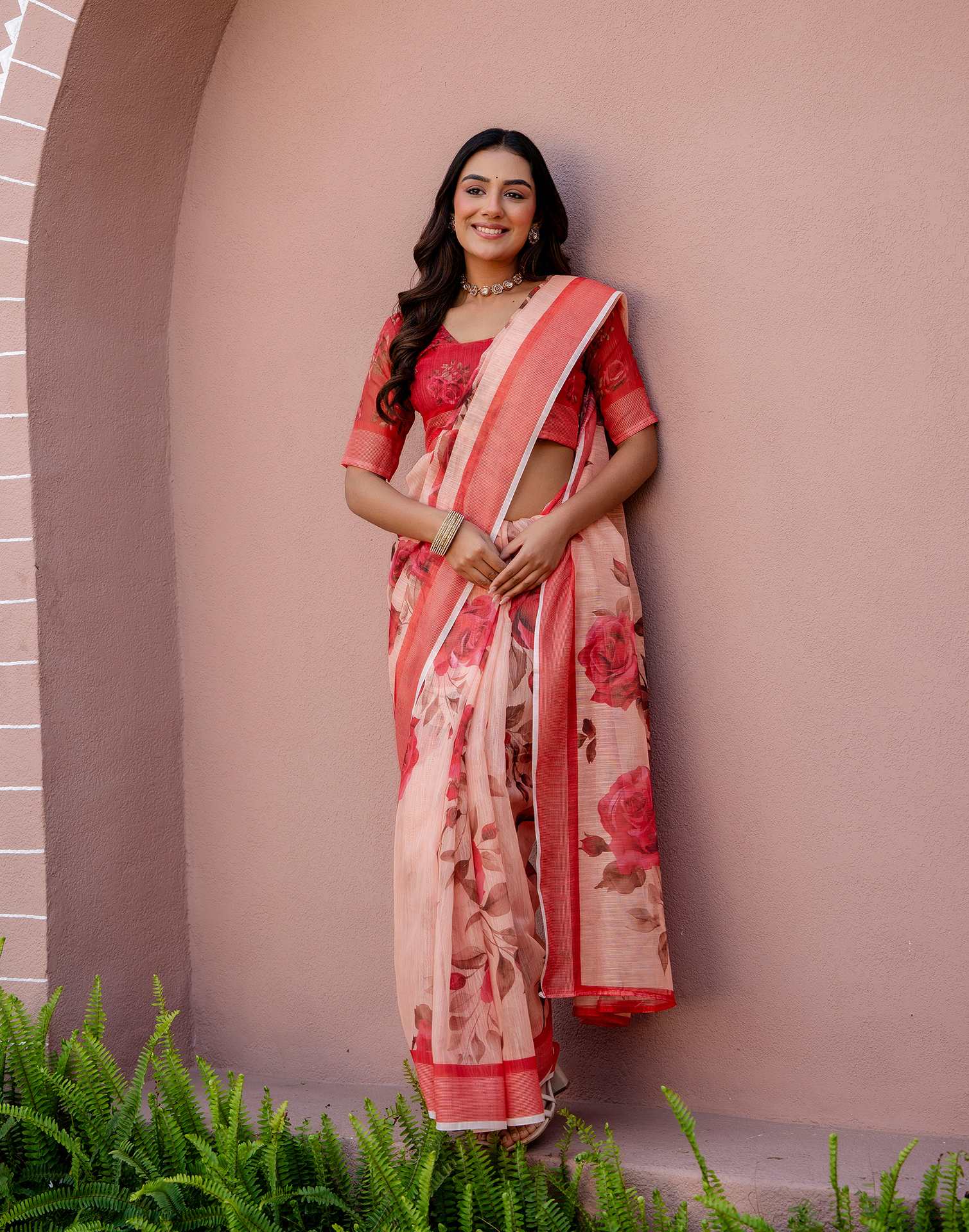 Dark Peach Linen Floral Printed Saree