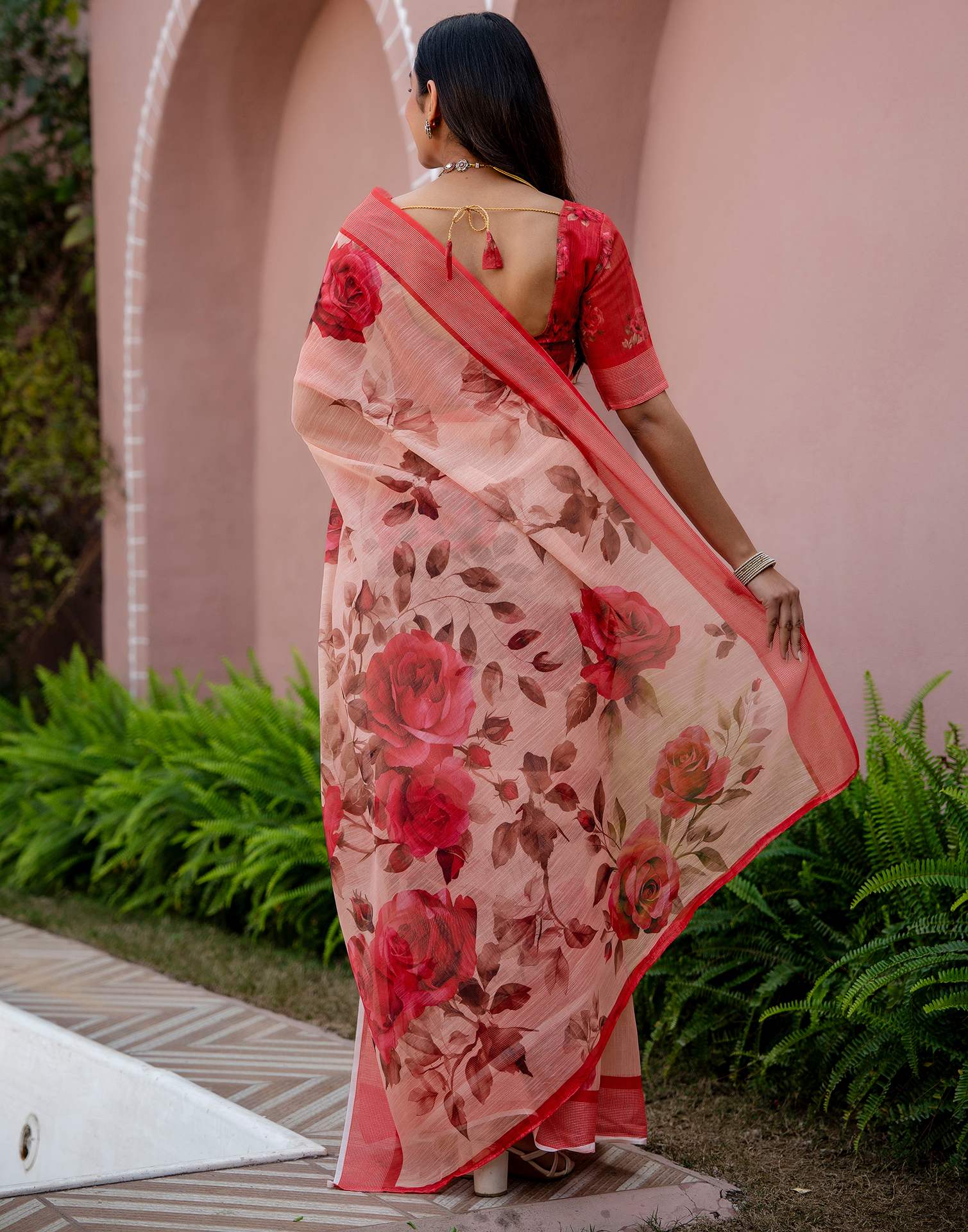 Dark Peach Linen Floral Printed Saree