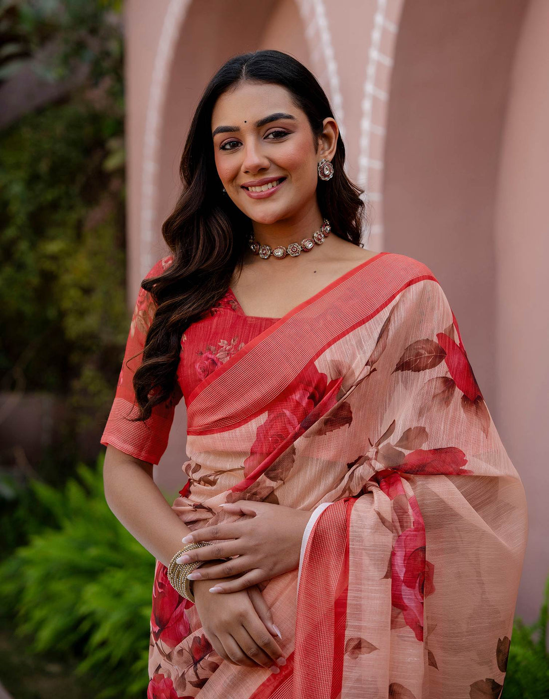 Dark Peach Linen Floral Printed Saree