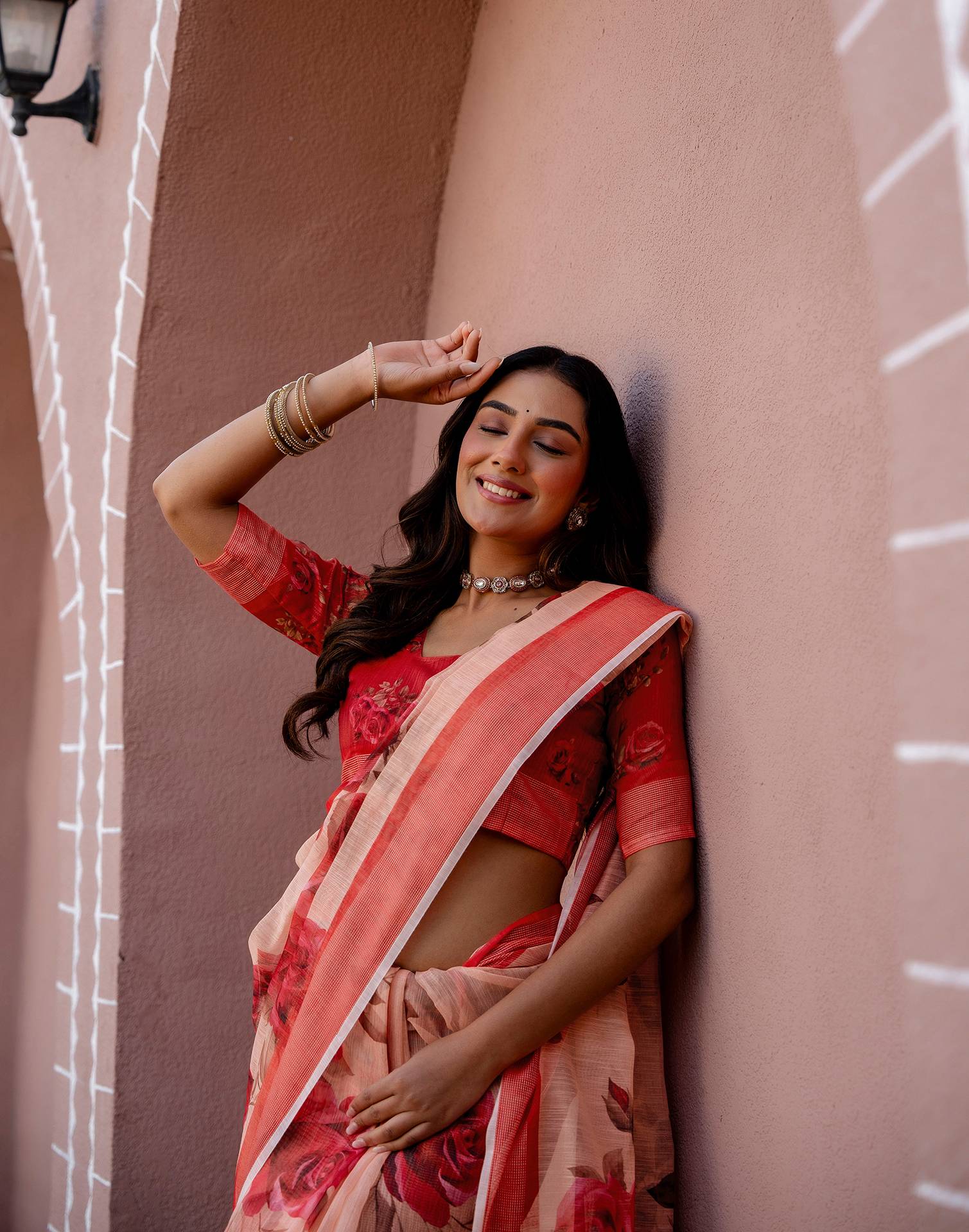 Dark Peach Linen Floral Printed Saree