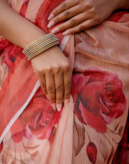 Dark Peach Linen Floral Printed Saree