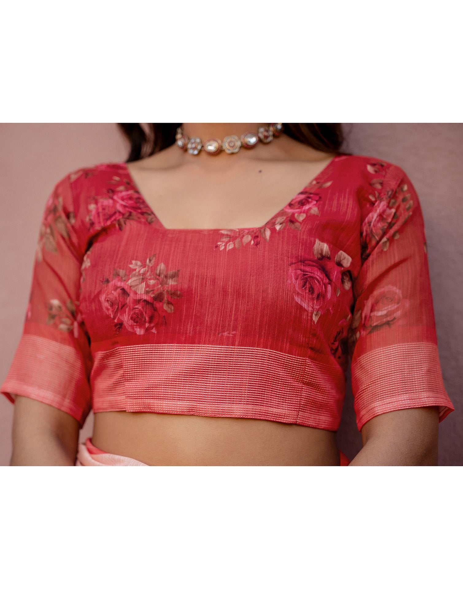 Dark Peach Linen Floral Printed Saree