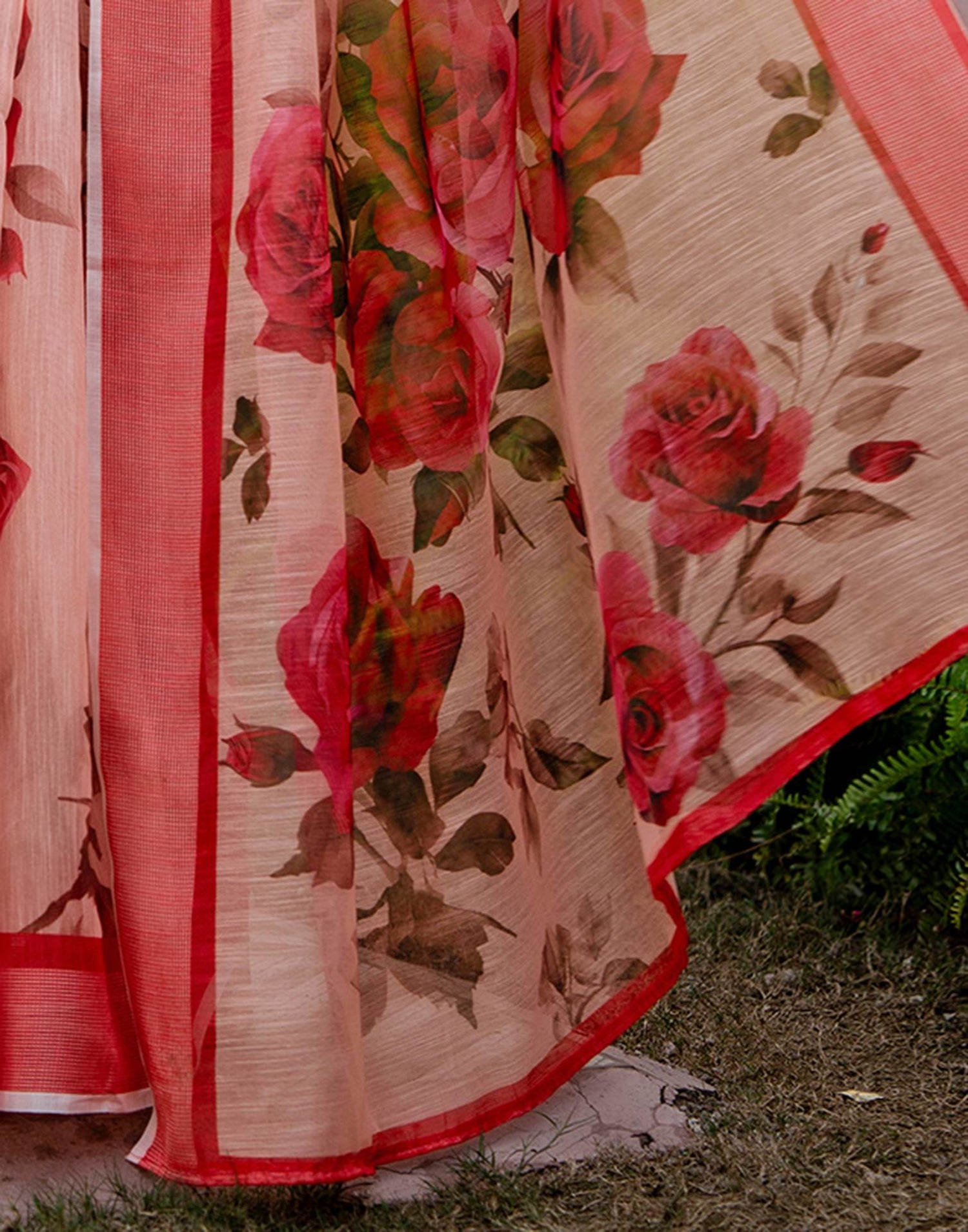 Dark Peach Linen Floral Printed Saree