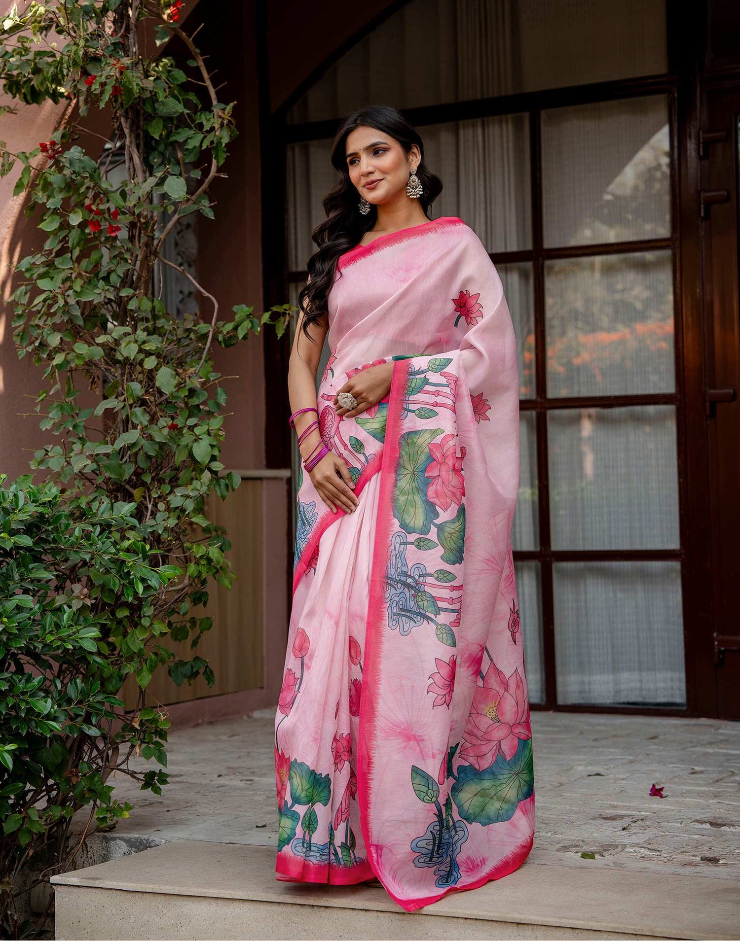 Light Pink Shimmer Silk Floral Printed Saree