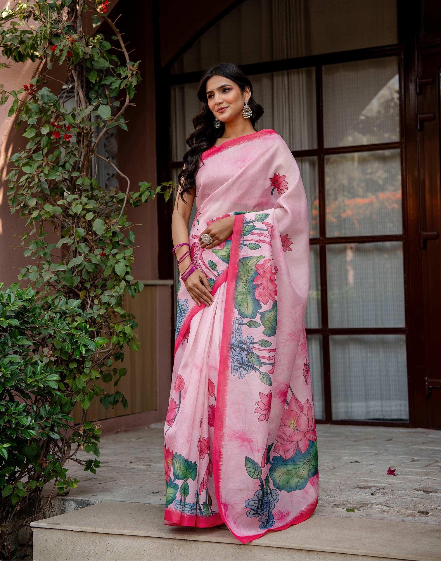 Light Pink Shimmer Silk Floral Printed Saree