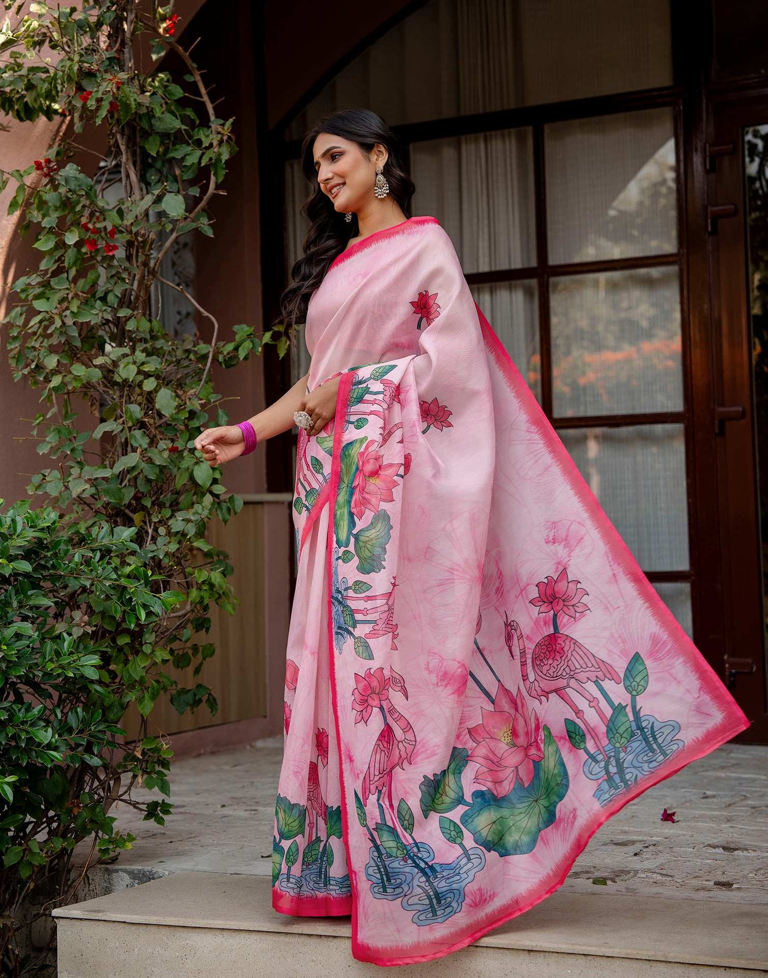 Light Pink Shimmer Silk Floral Printed Saree