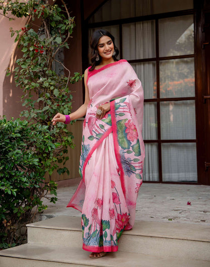 Light Pink Shimmer Silk Floral Printed Saree