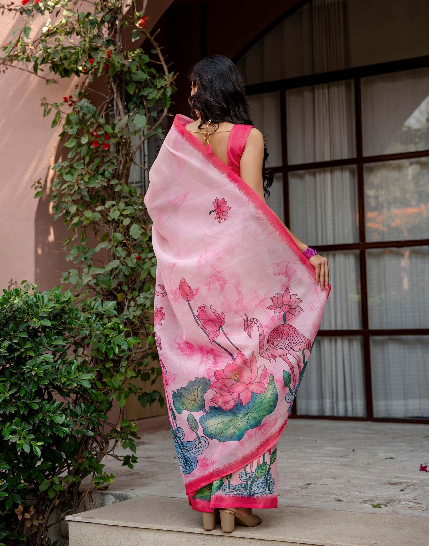 Light Pink Shimmer Silk Floral Printed Saree