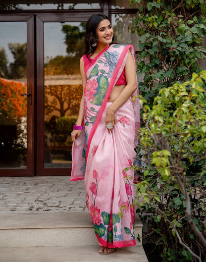 Light Pink Shimmer Silk Floral Printed Saree