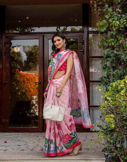 Light Pink Shimmer Silk Floral Printed Saree