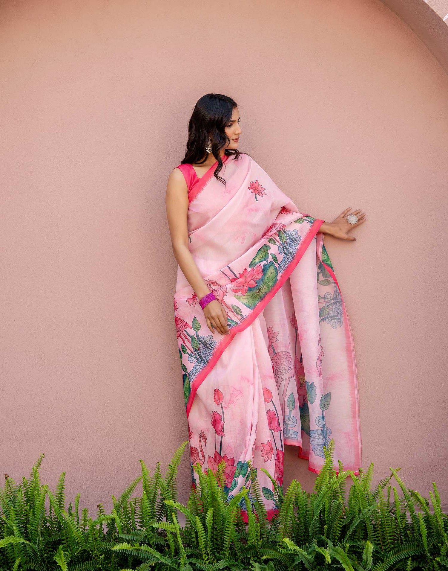 Light Pink Shimmer Silk Floral Printed Saree