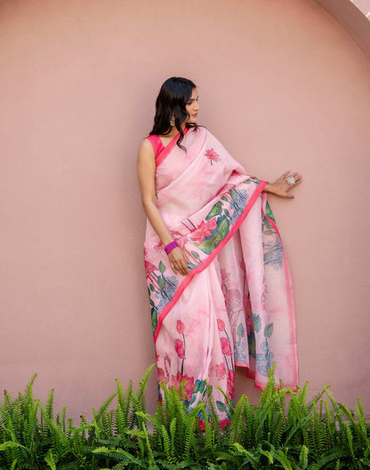 Light Pink Shimmer Silk Floral Printed Saree