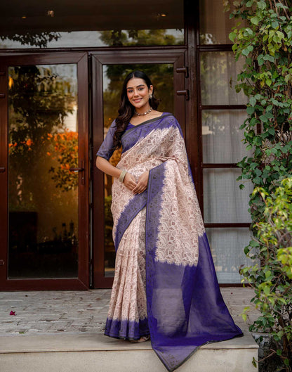 Cream Shimmer Silk Printed Saree