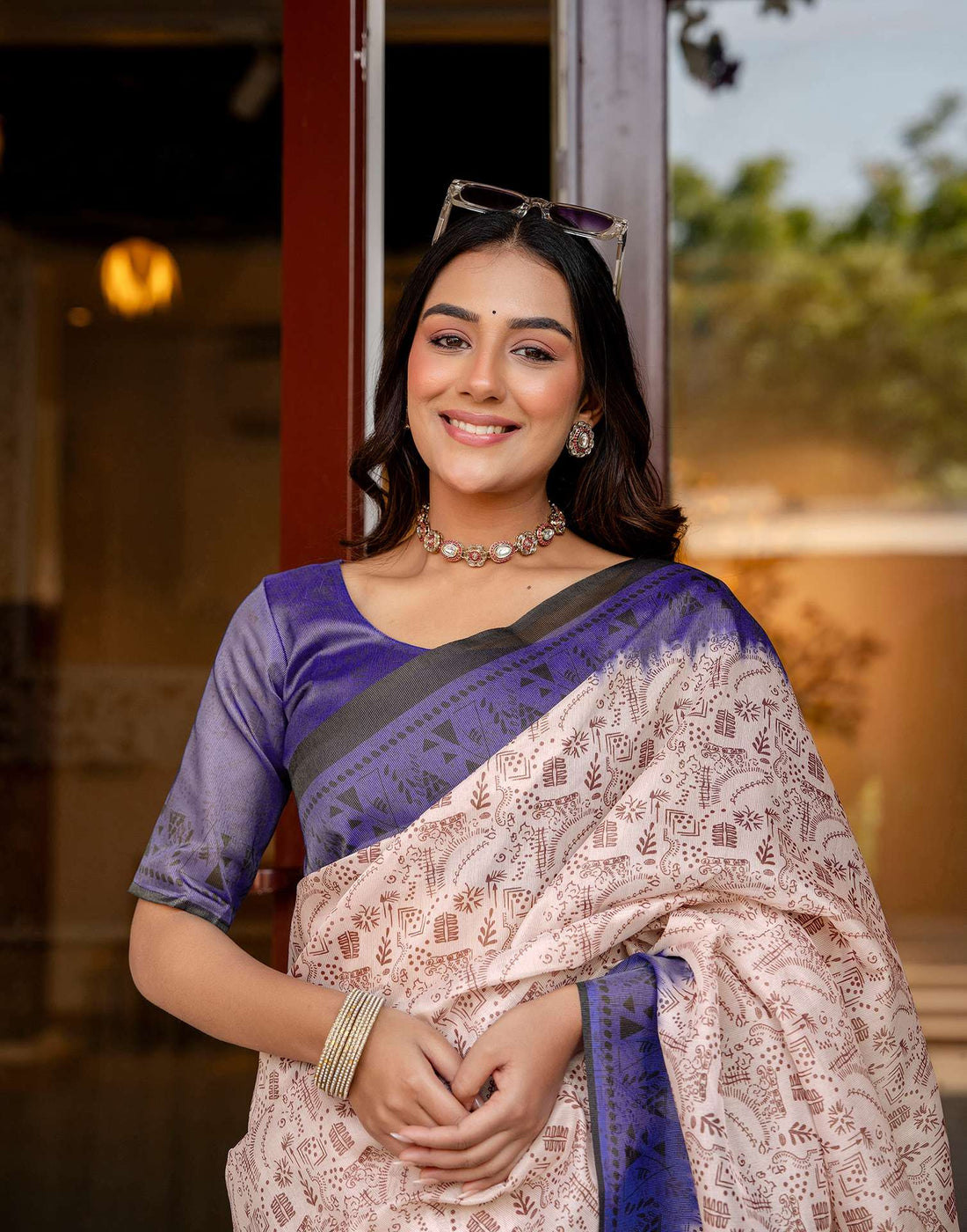 Cream Shimmer Silk Printed Saree