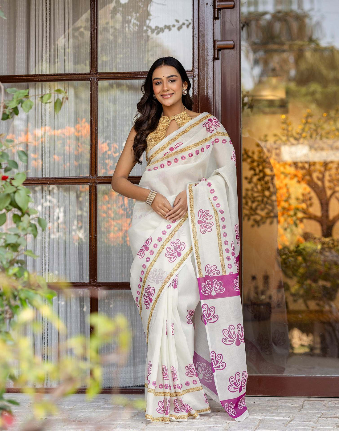 Off White Shimmer Silk Printed Saree