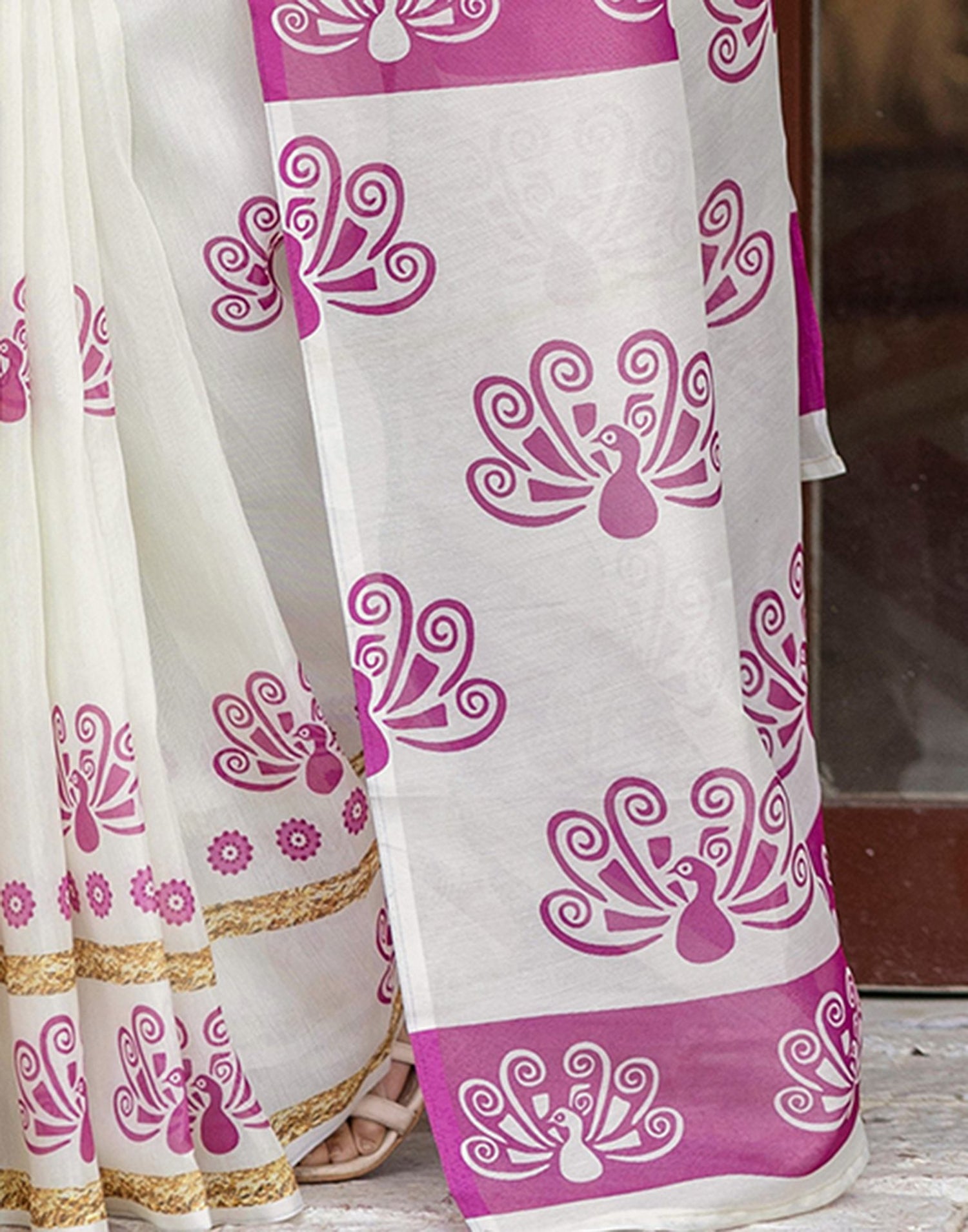 Off White Shimmer Silk Printed Saree