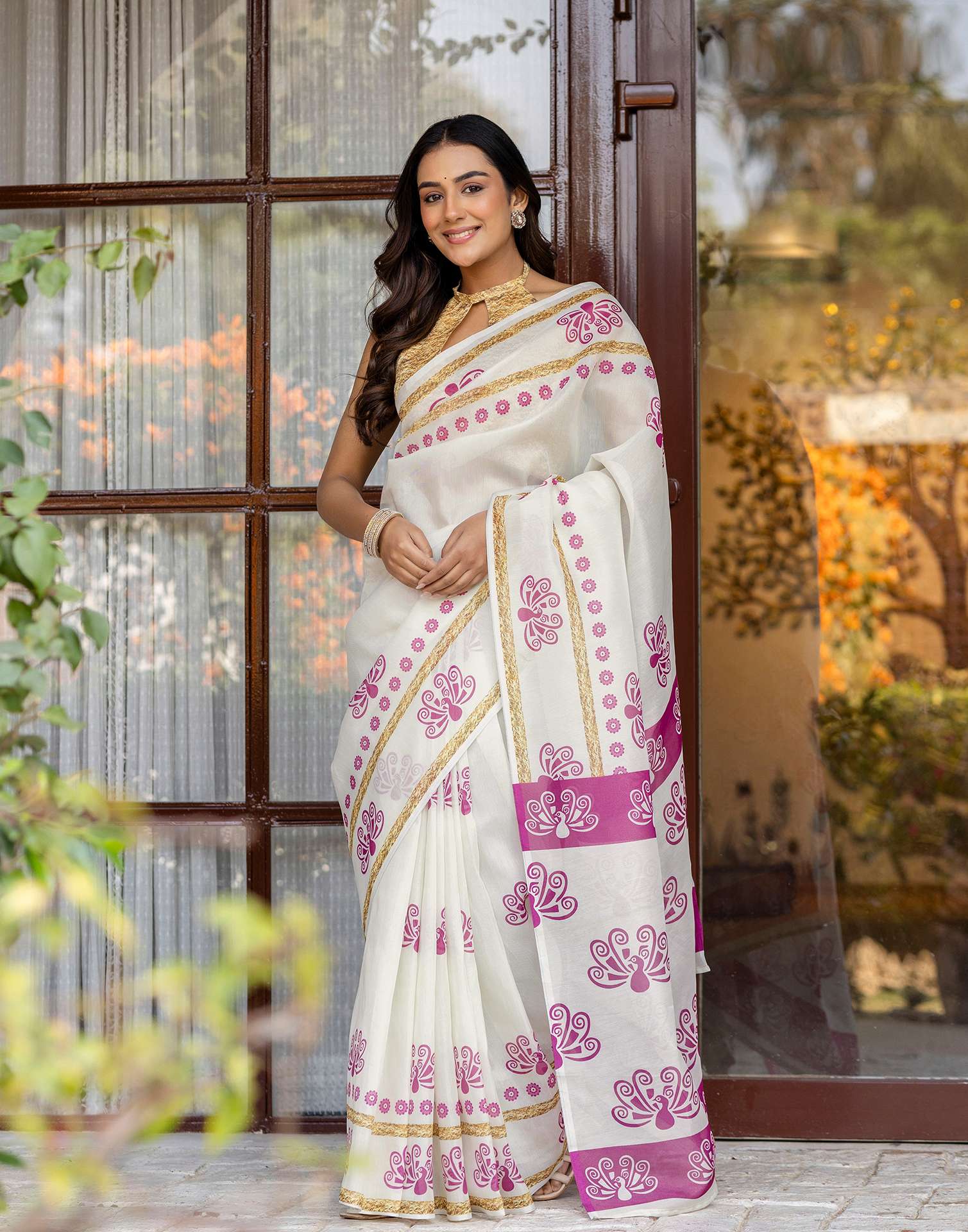 Off White Shimmer Silk Printed Saree