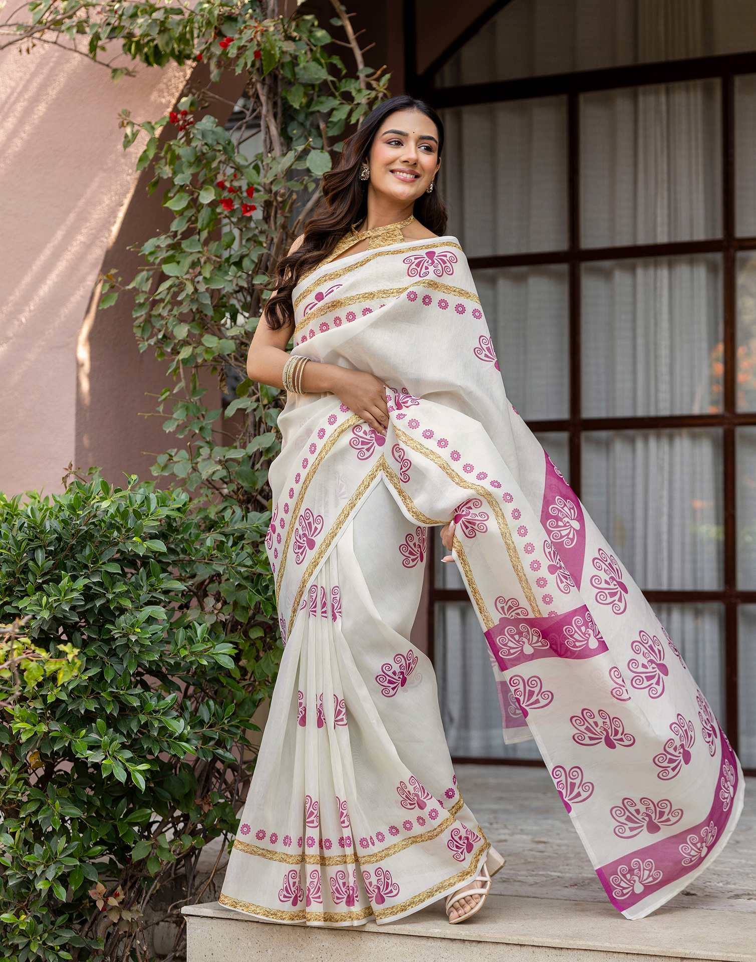 Off White Shimmer Silk Printed Saree