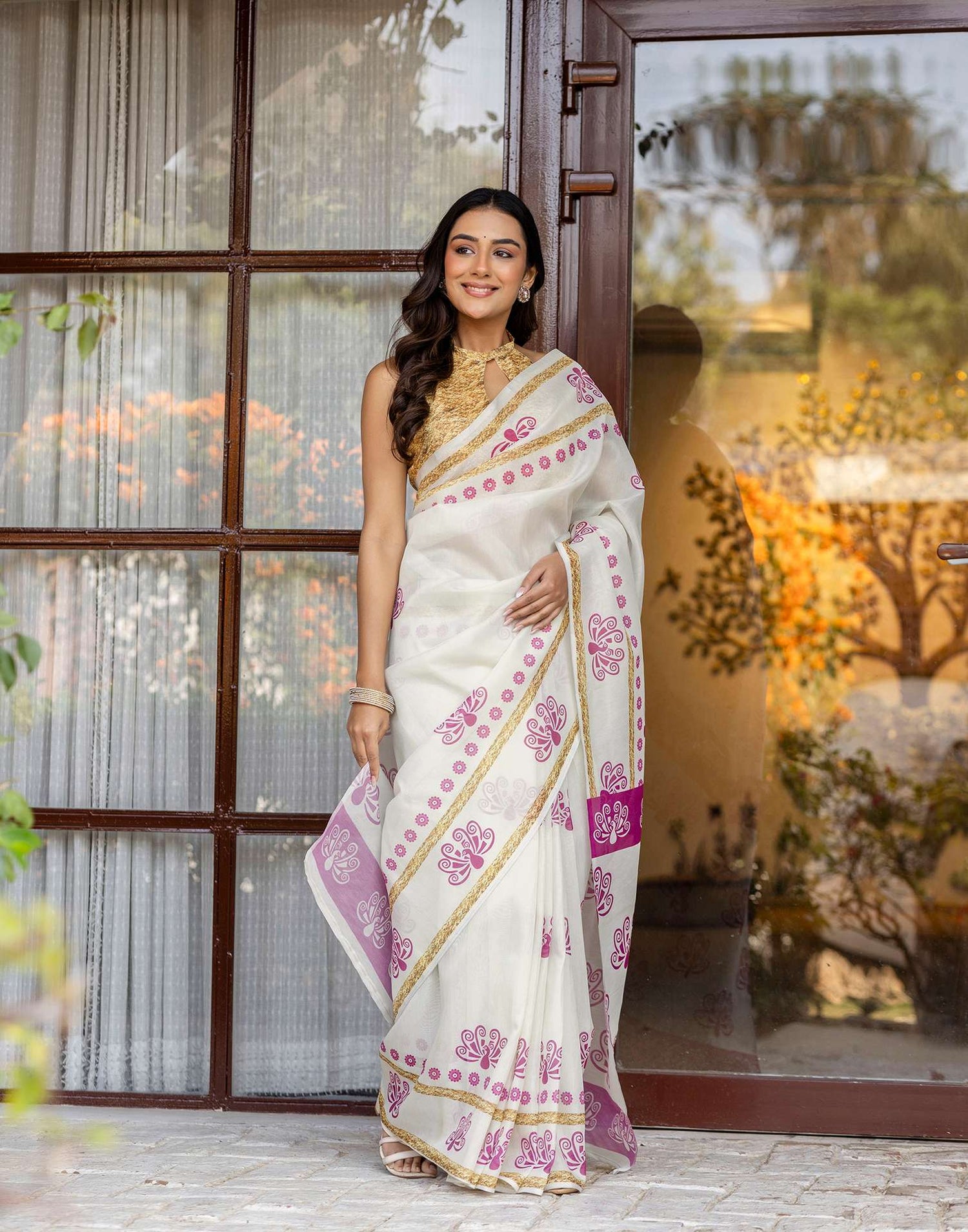 Off White Shimmer Silk Printed Saree
