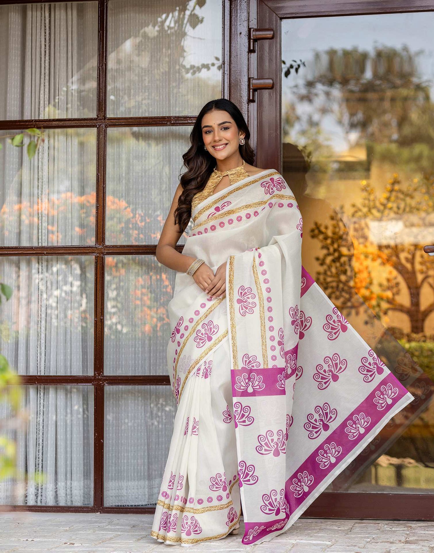 Off White Shimmer Silk Printed Saree