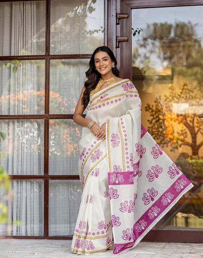 Off White Shimmer Silk Printed Saree