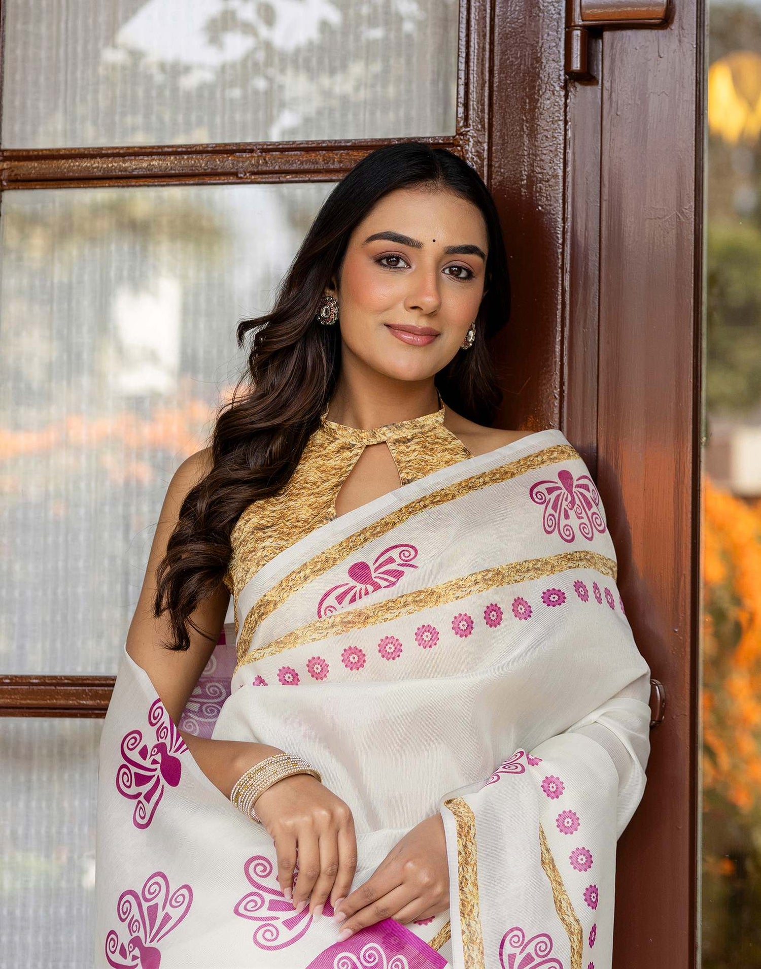 Off White Shimmer Silk Printed Saree