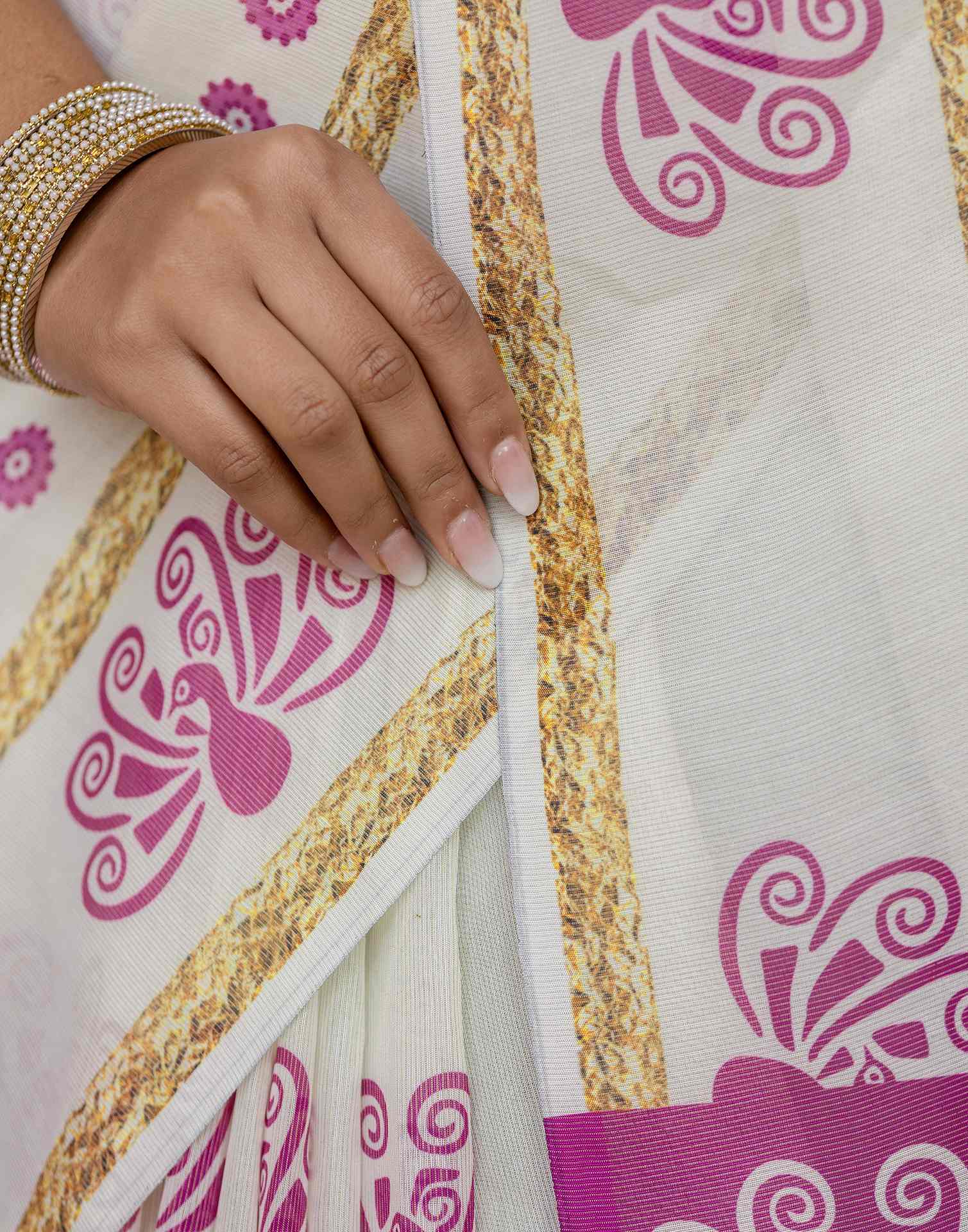 Off White Shimmer Silk Printed Saree