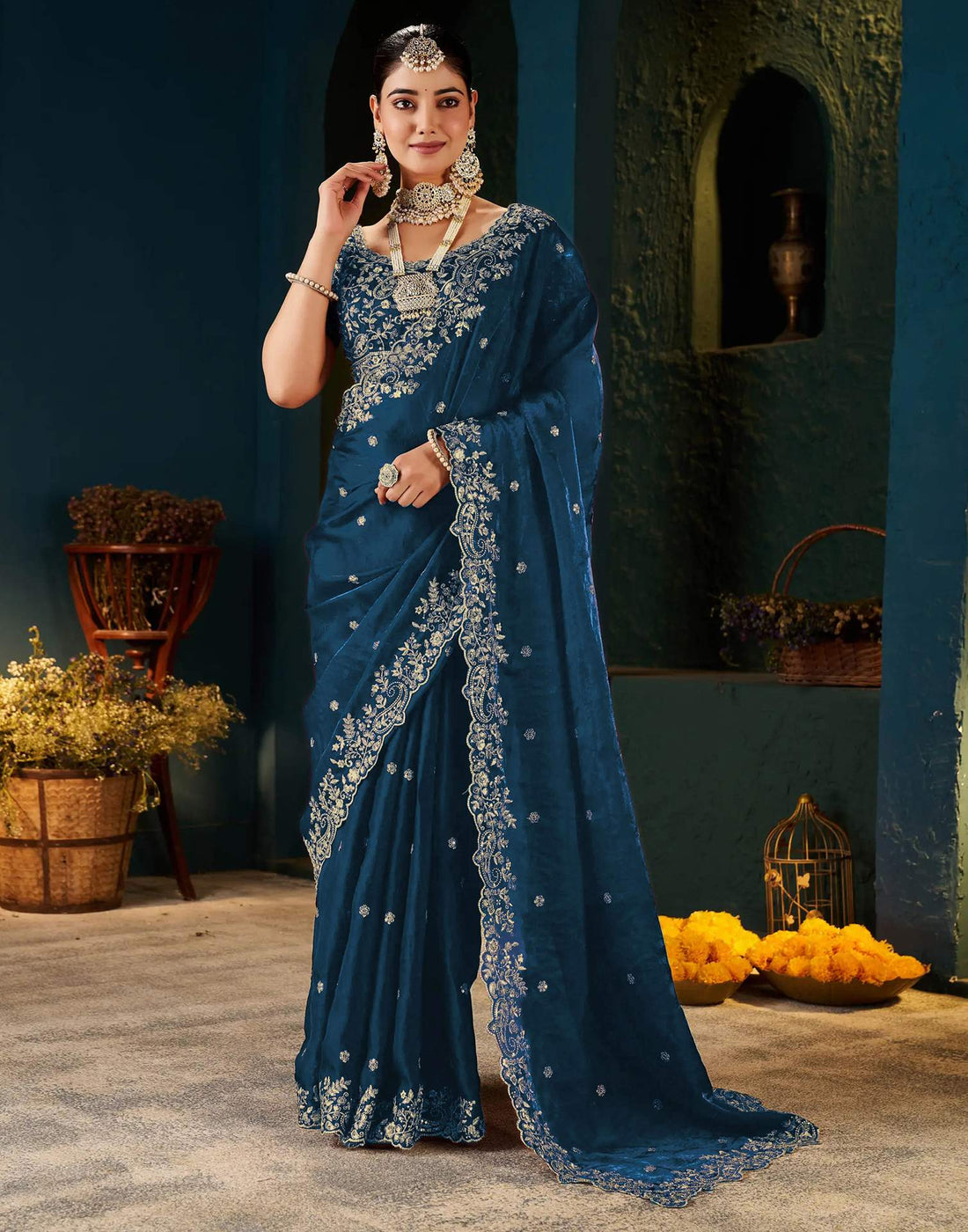 Peacock Blue Tissue Satin Sequence Embroidery Saree
