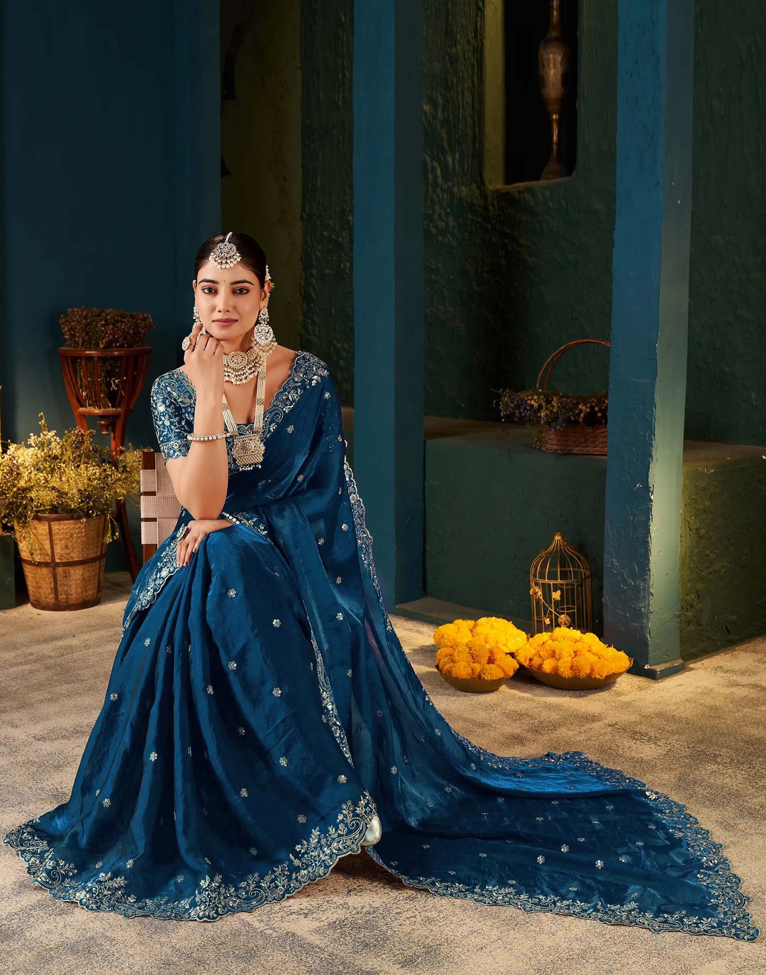 Peacock Blue Tissue Satin Sequence Embroidery Saree