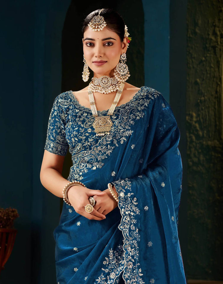 Peacock Blue Tissue Satin Sequence Embroidery Saree