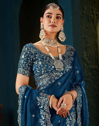 Peacock Blue Tissue Satin Sequence Embroidery Saree