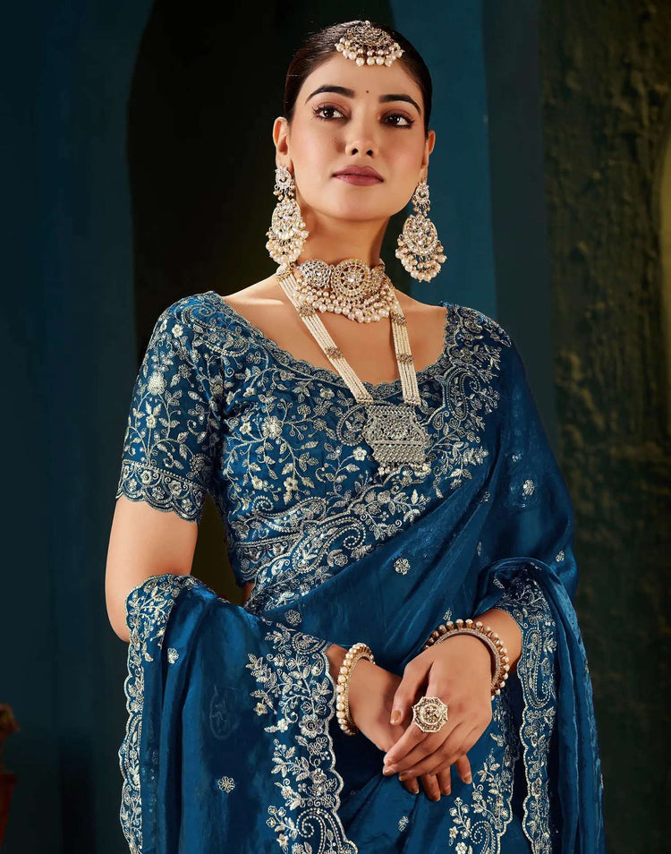 Peacock Blue Tissue Satin Sequence Embroidery Saree