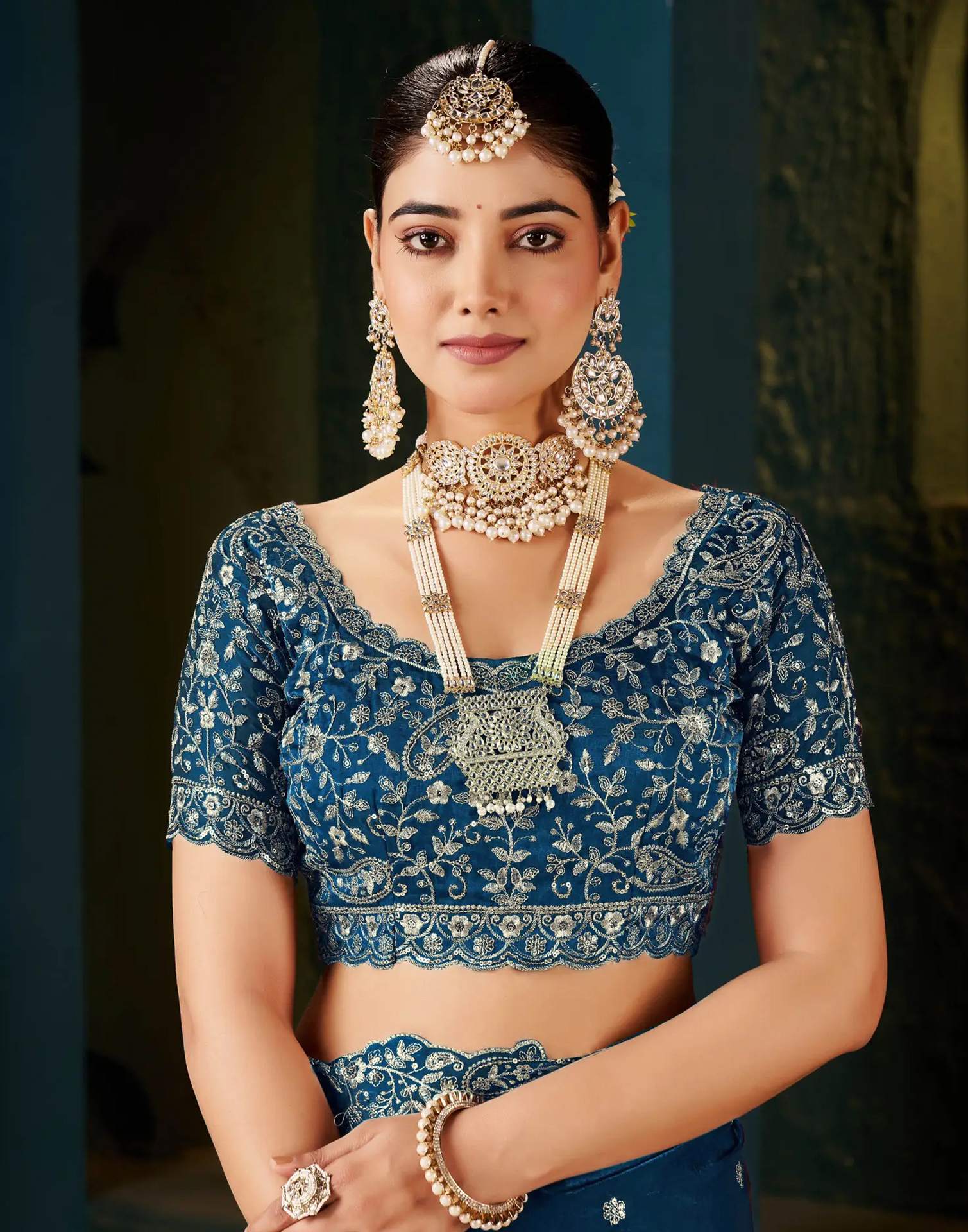 Peacock Blue Tissue Satin Sequence Embroidery Saree