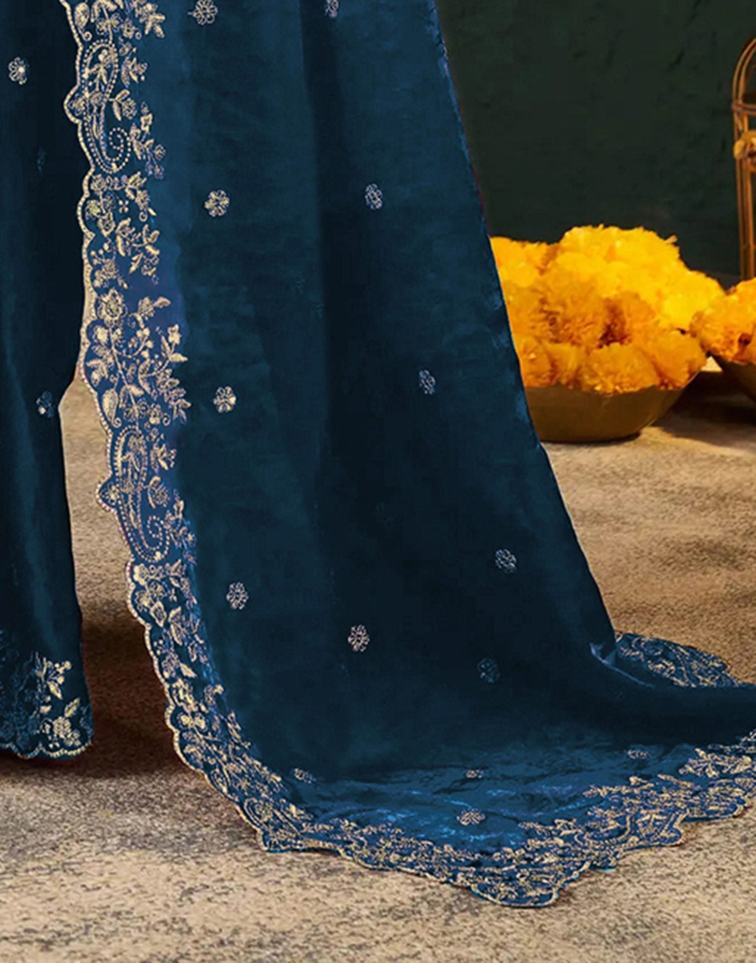 Peacock Blue Tissue Satin Sequence Embroidery Saree