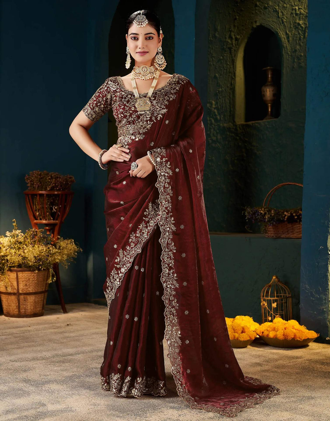 Maroon Tissue Satin Sequence Embroidery Saree