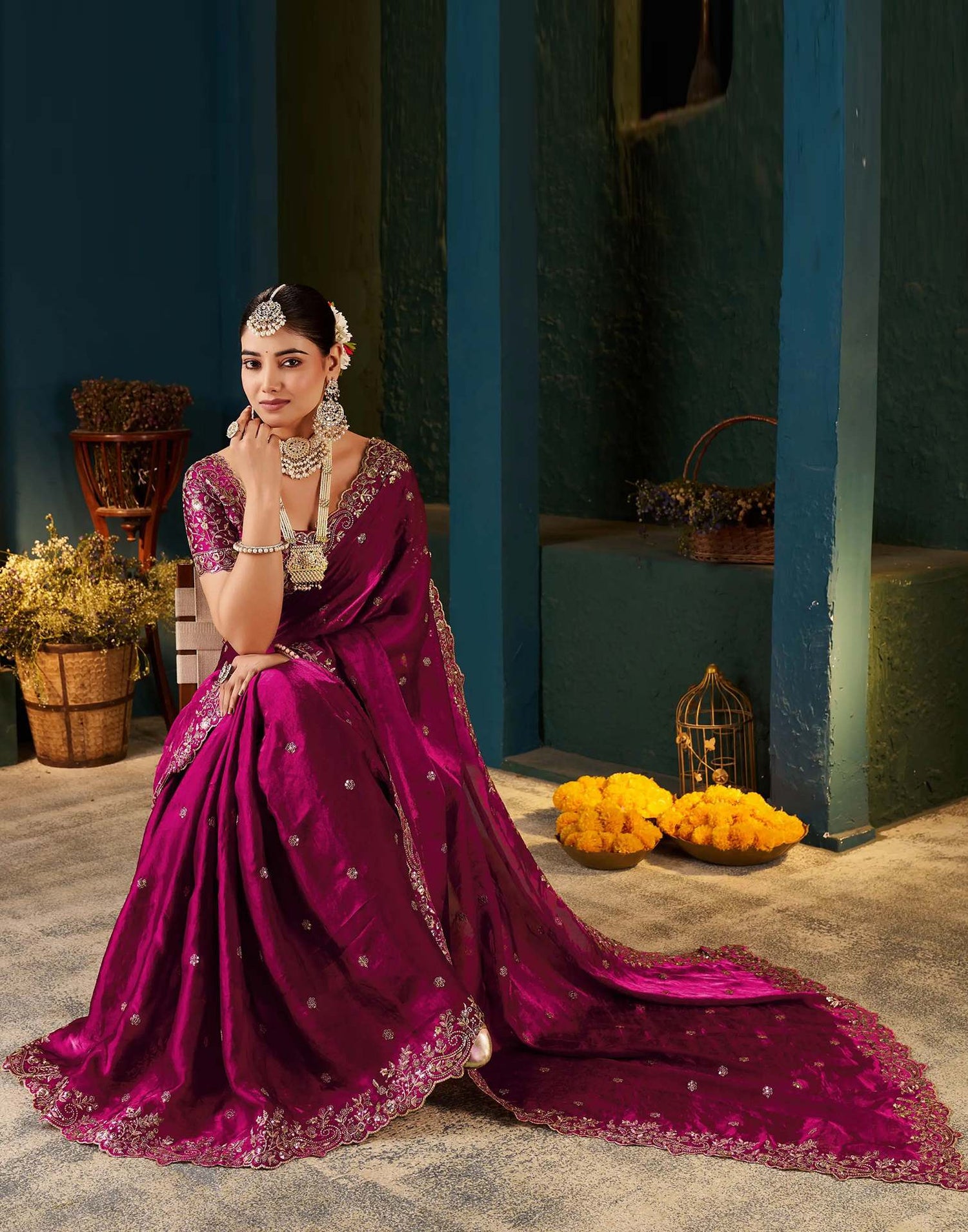 Rani Pink Tissue Satin Sequence Embroidery Saree