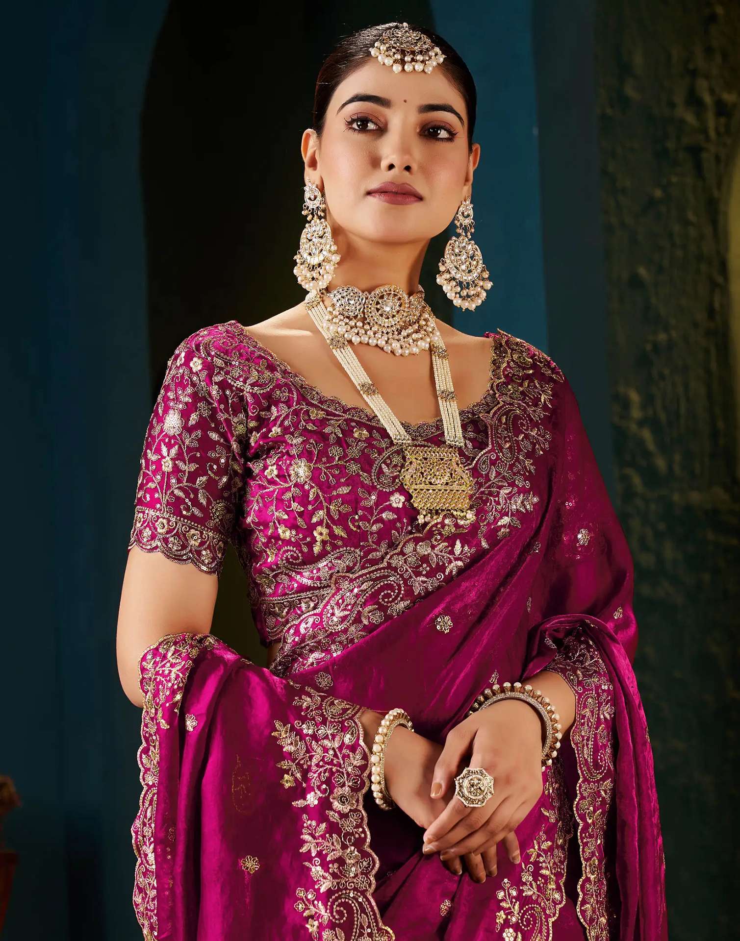 Rani Pink Tissue Satin Sequence Embroidery Saree